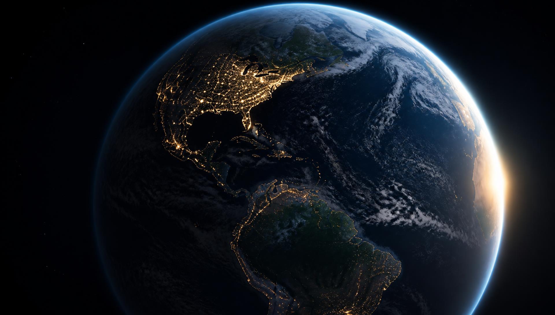 Earth from orbit with city lights along the day-night terminator